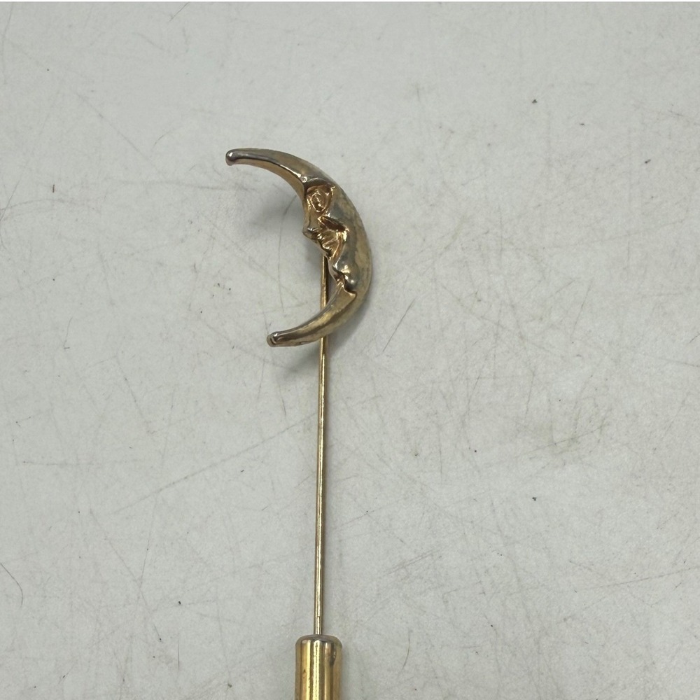 Vintage Gold Tone Man in the Moon Crescent Stick Pin Celestial Lapel Hat Pin